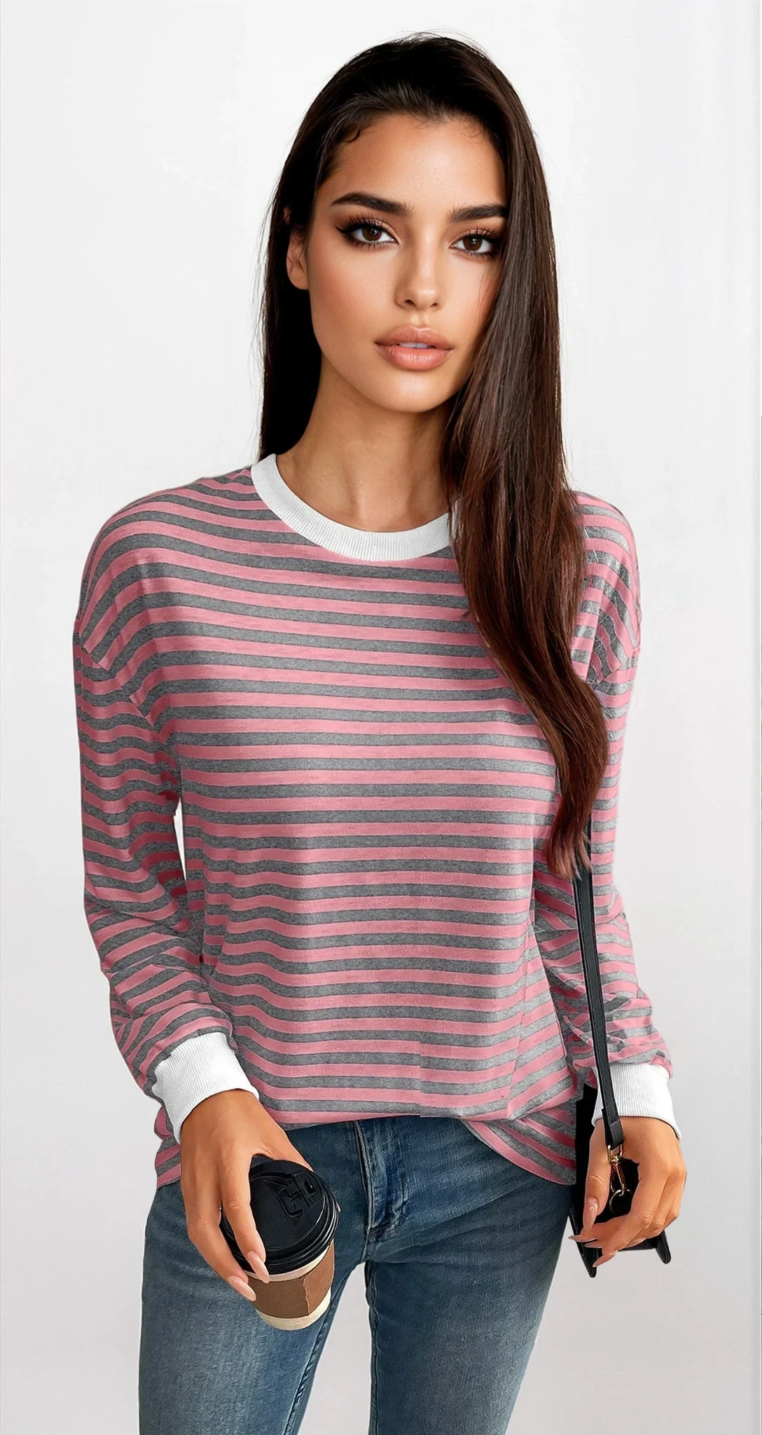 Striped crew neck pullover with lightweight stretch fabric
