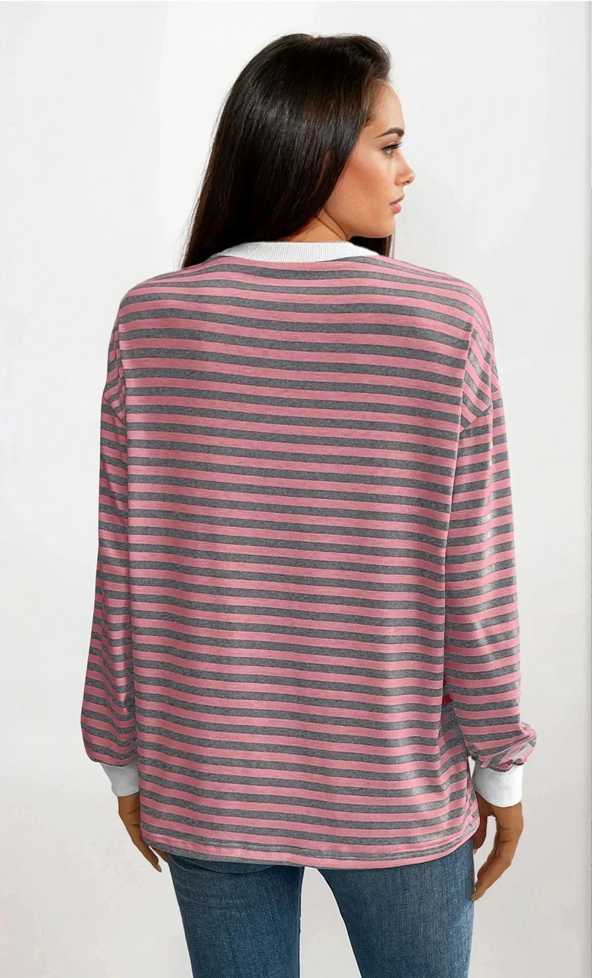 Striped crew neck pullover with lightweight stretch fabric
