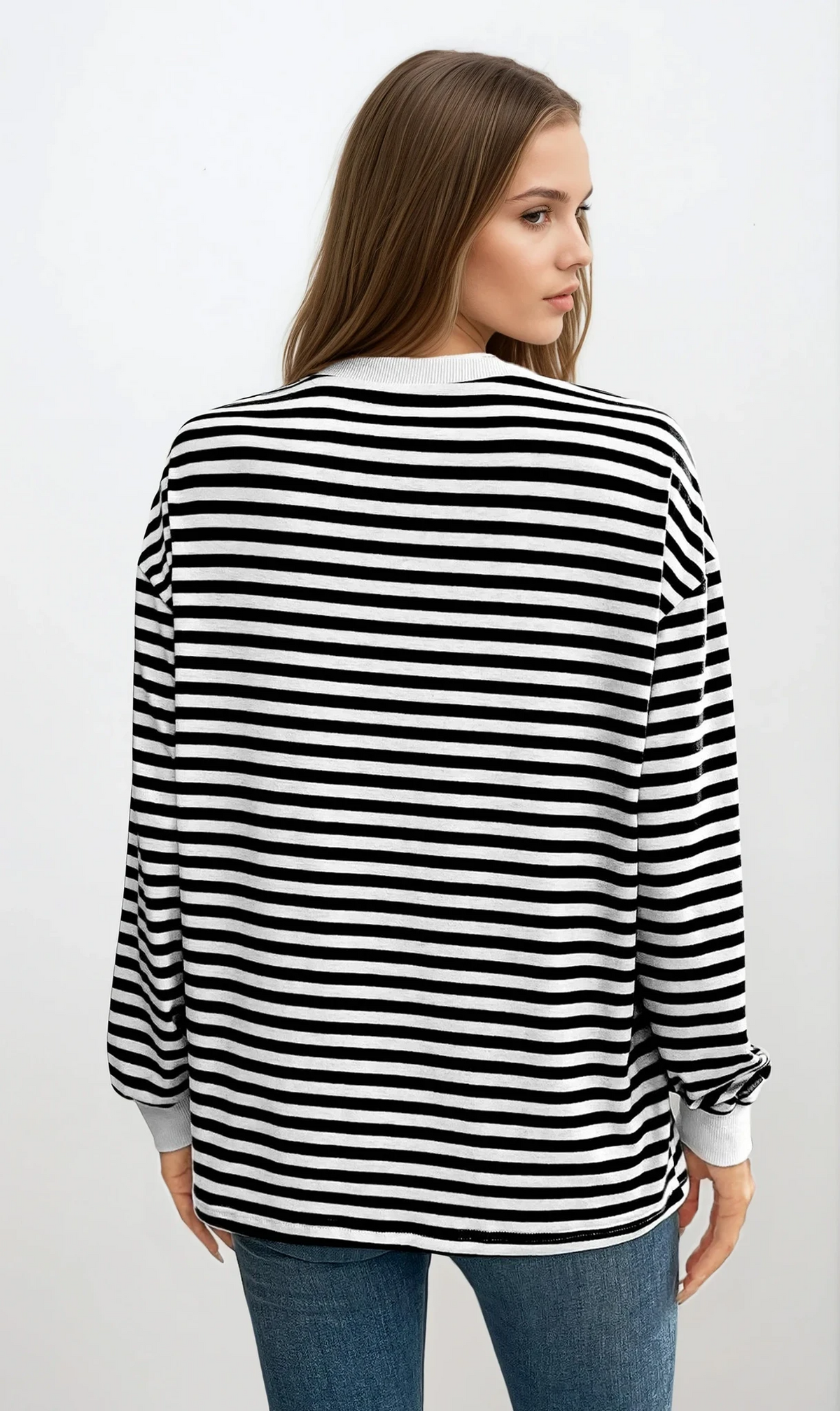 striped crew neck pullover with lightweight stretch material