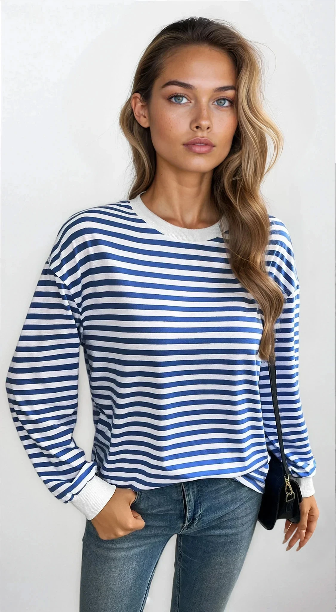 striped crew neck pullover lightweight stretch comfortable