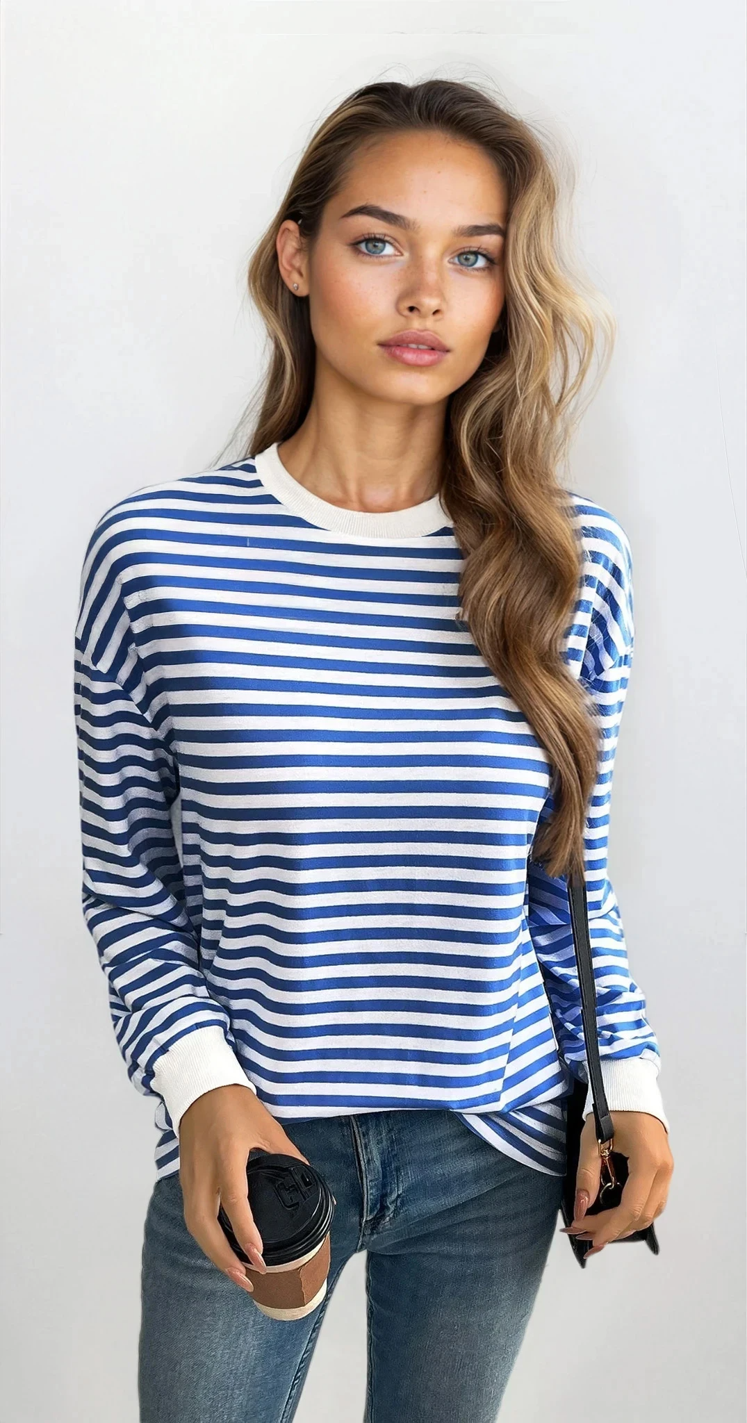 Striped crew neck pullover with lightweight stretch fabric