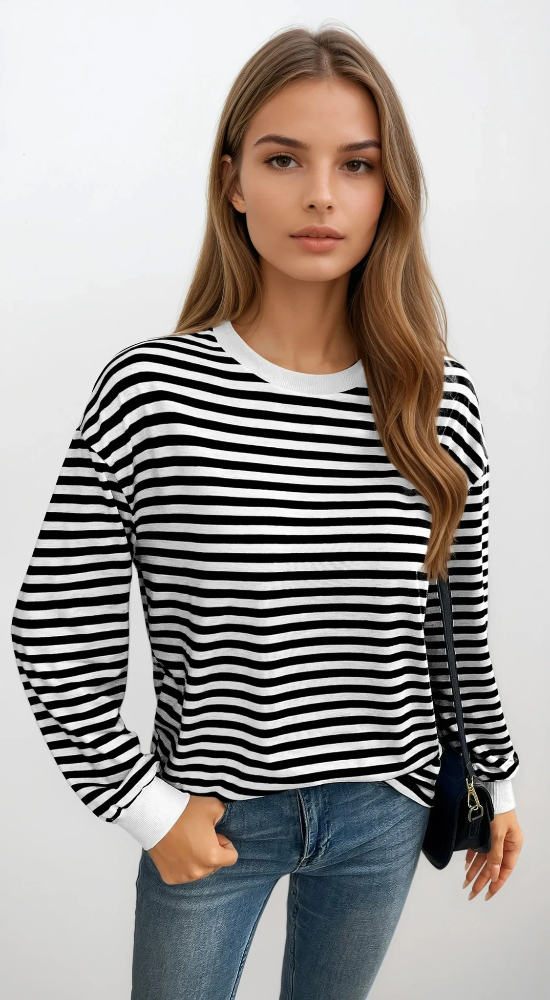 Striped crew neck pullover lightweight comfortable stretchy