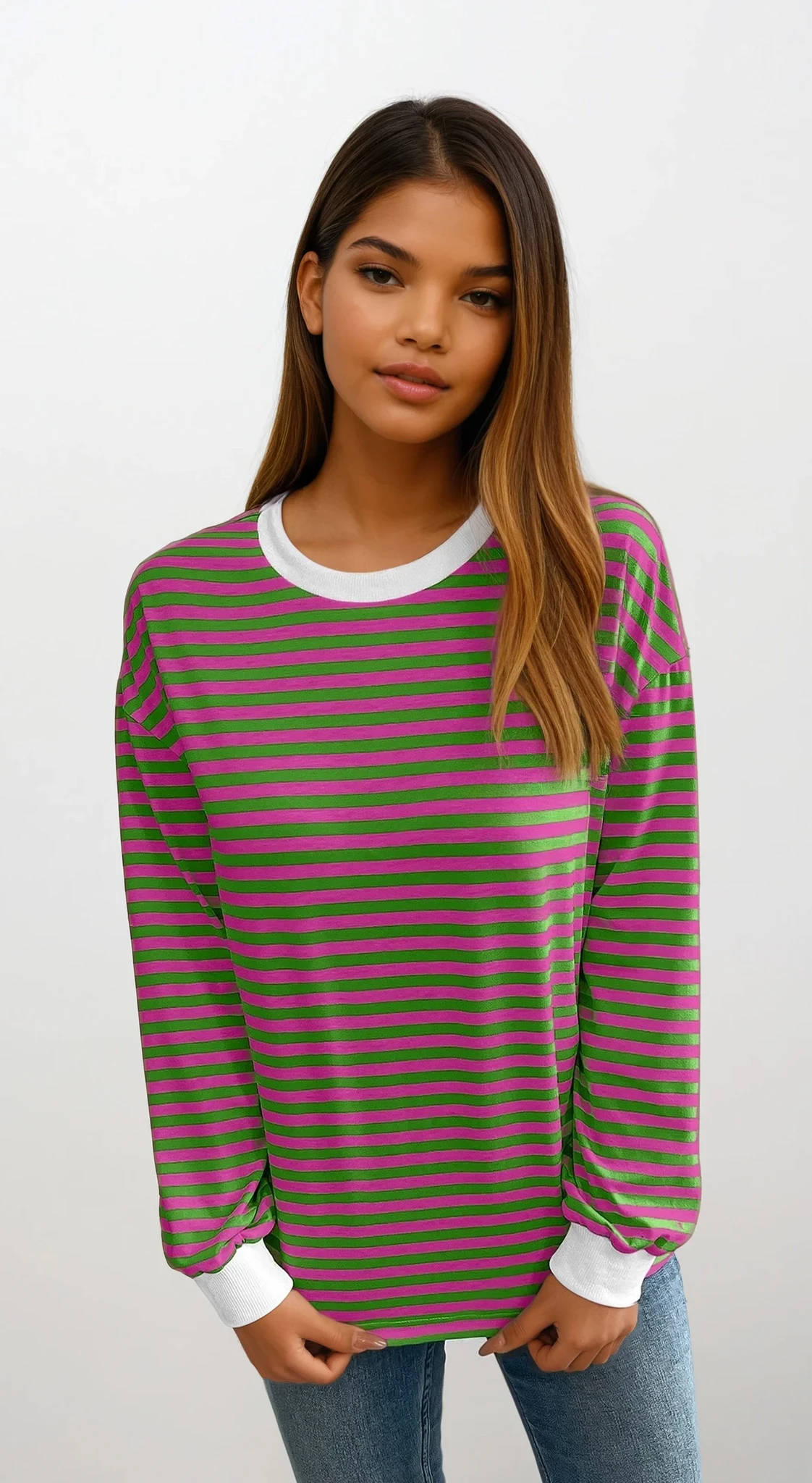 Striped crew neck pullover with lightweight, stretchy material