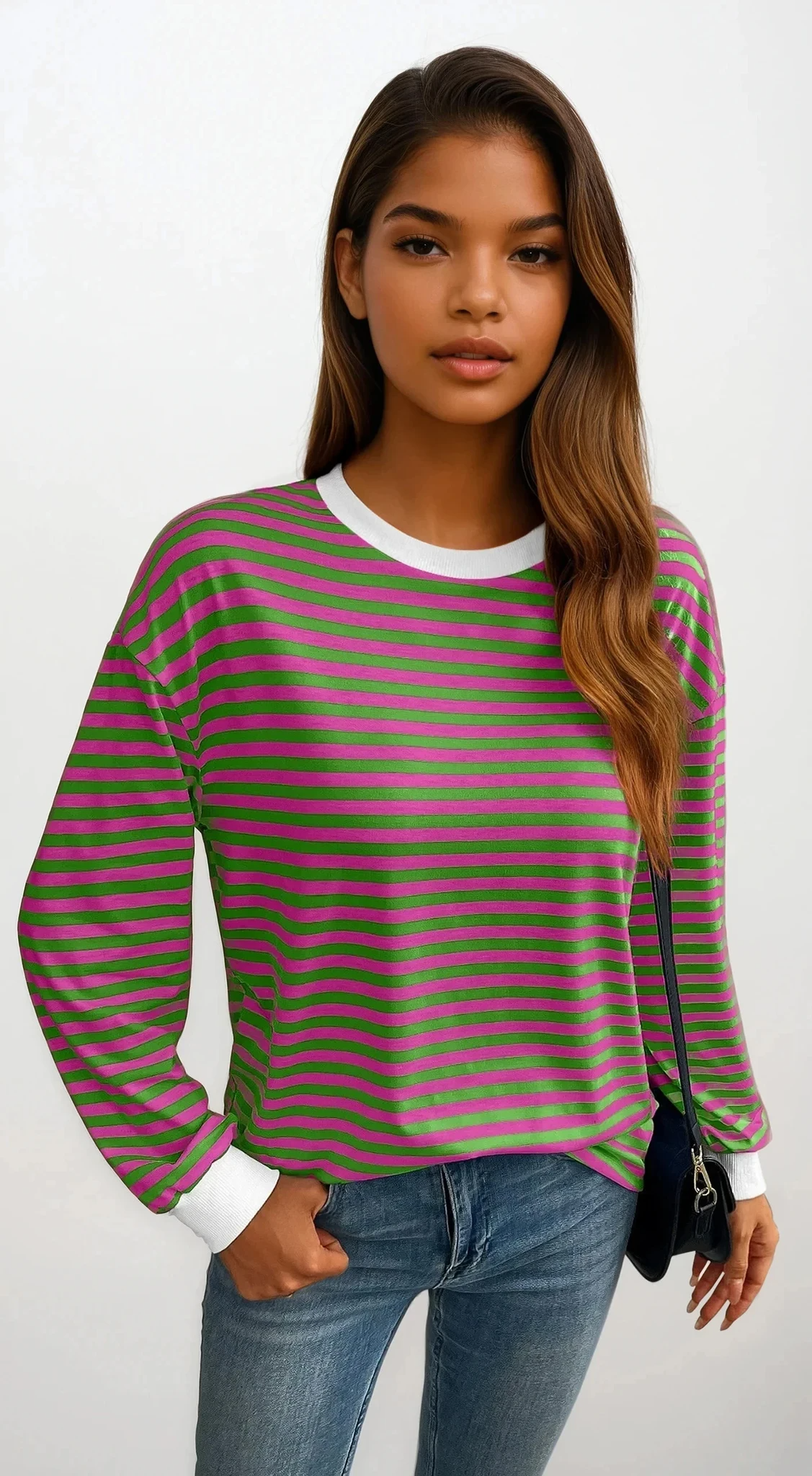striped crew neck pullover with lightweight stretchy fabric