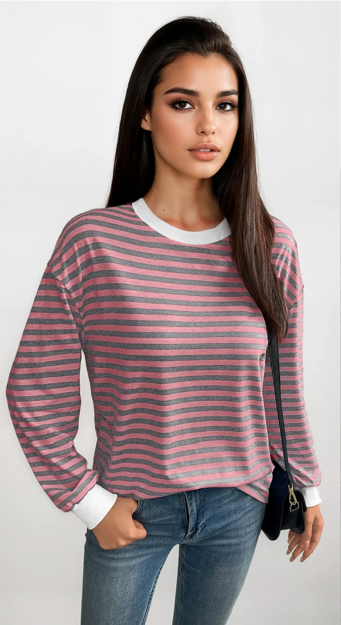 Striped crew neck pullover with lightweight stretchy fabric