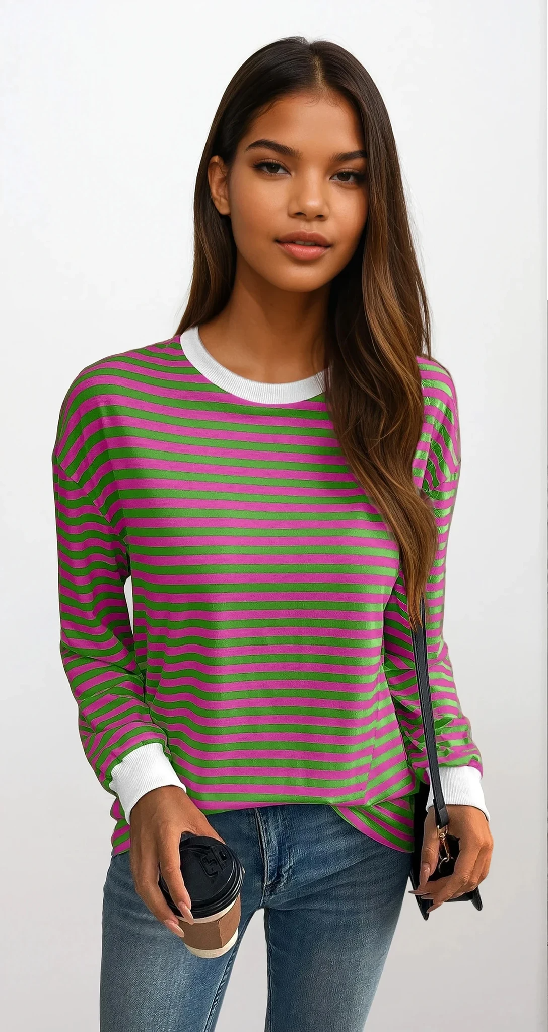 striped crew neck pullover lightweight comfortable versatile