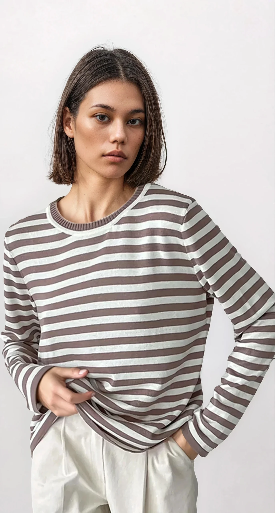 Striped round neck long sleeve sweater with classic fit
