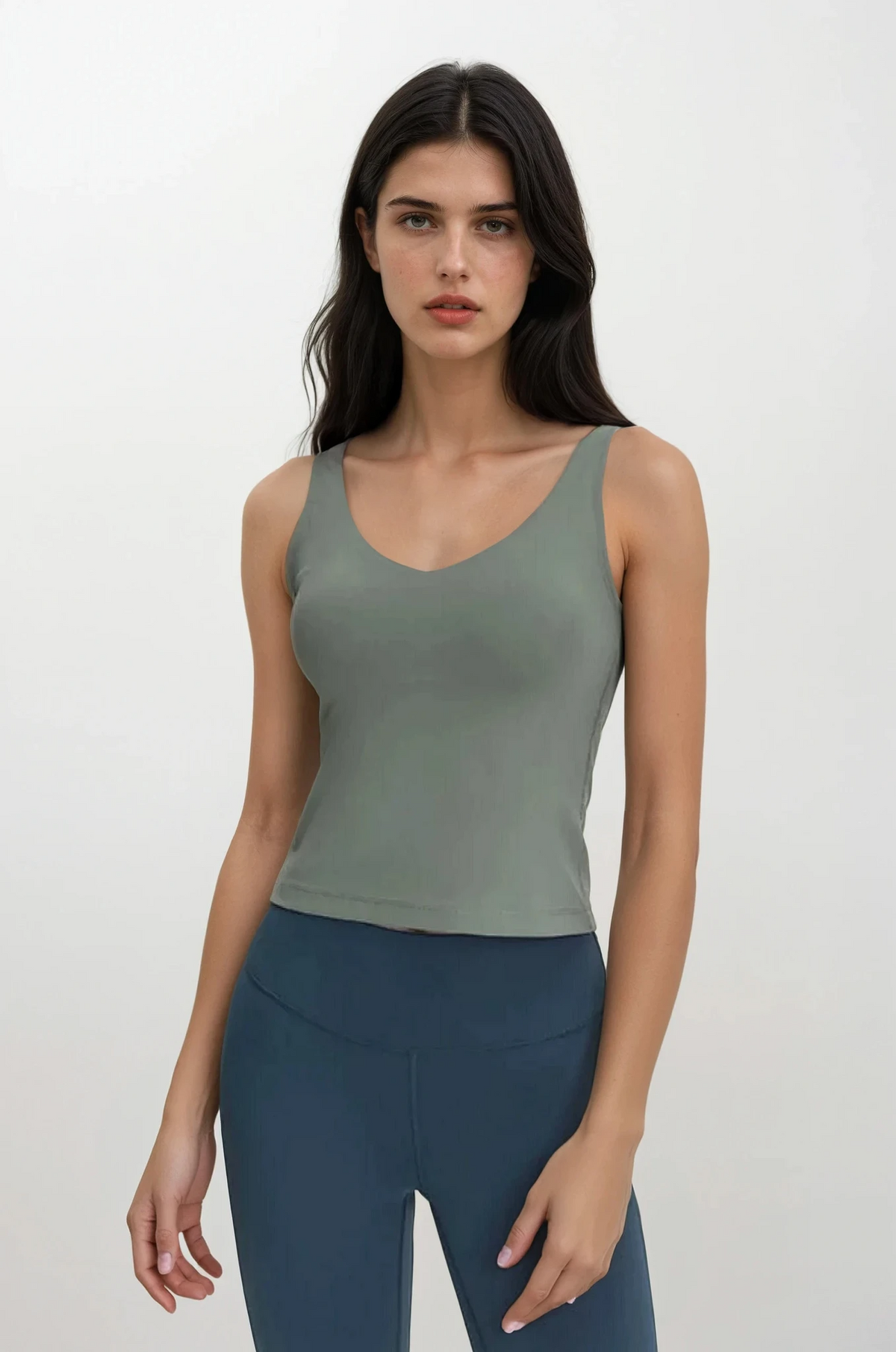 Black studio v-neck tank with built-in bra-solid-color-activewear