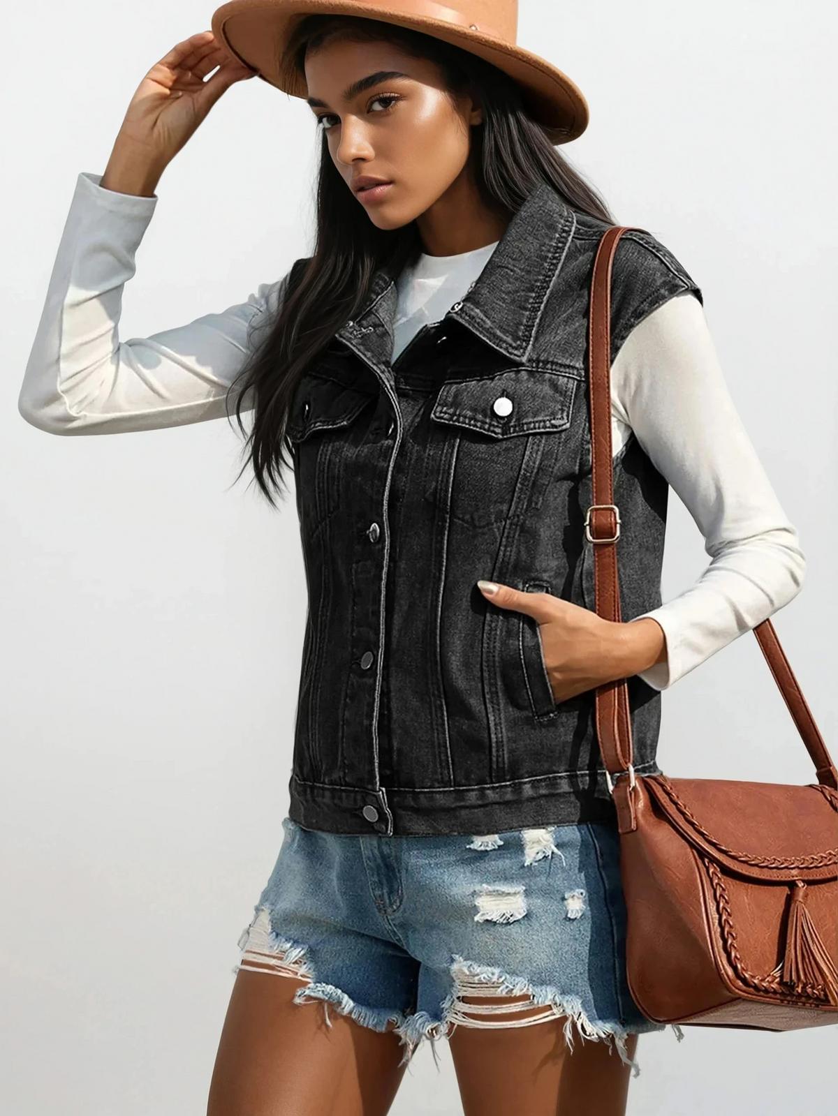 Stunner collared neck denim vest with buttoned front and sleeveless design