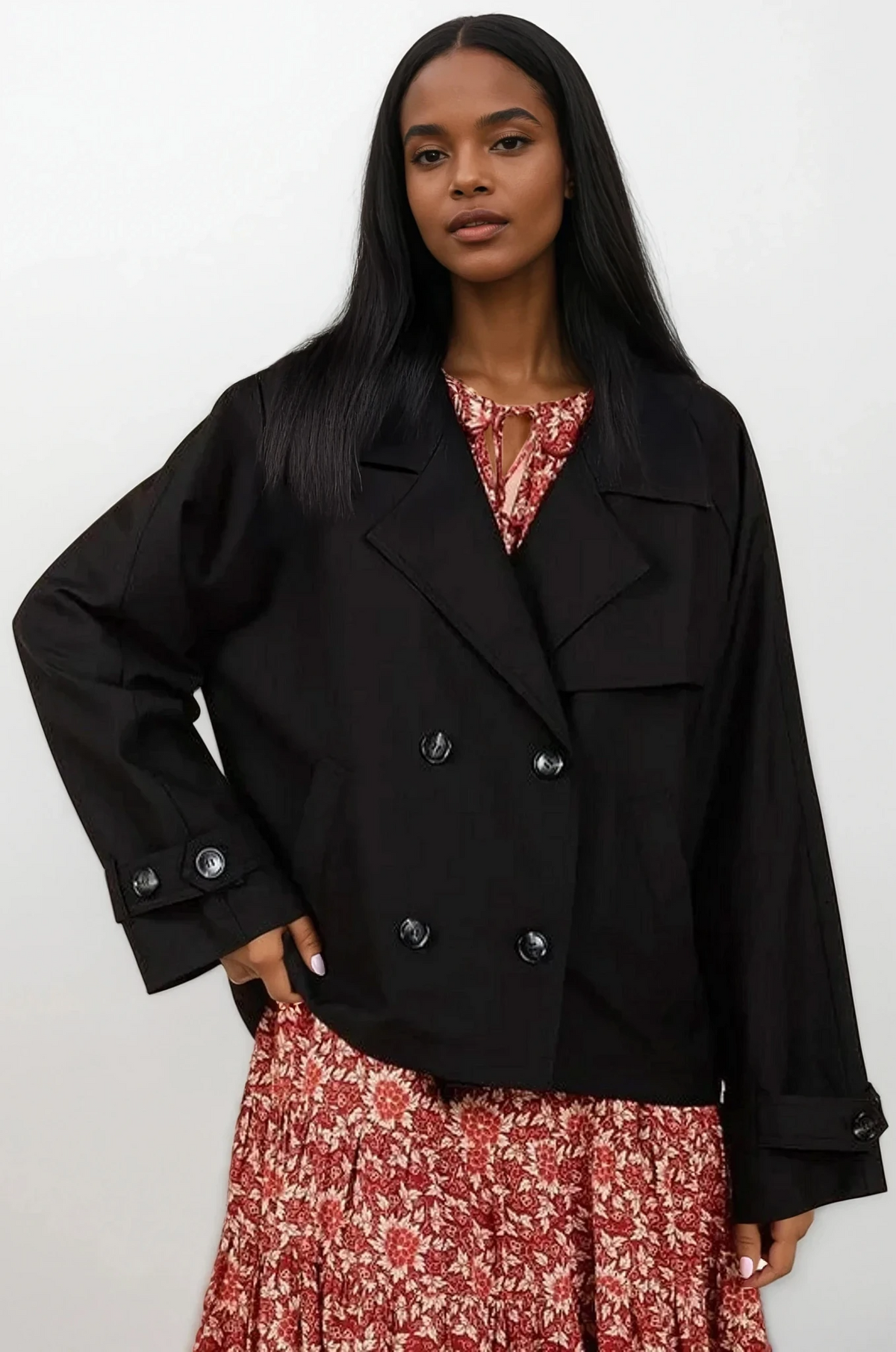 Suave trench coat jacket with double-breasted front and long sleeves
