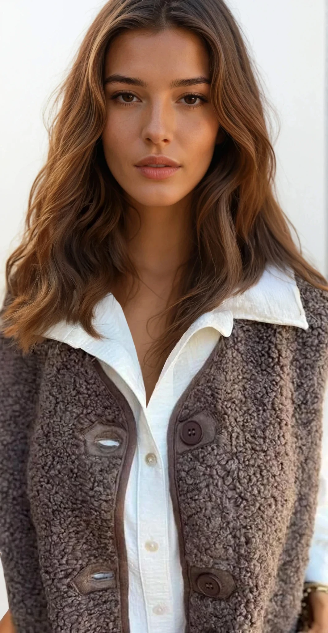 Teddy v-neck button-up sherpa vest with pockets