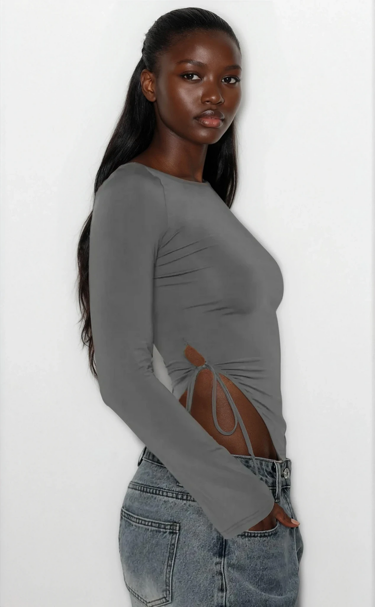 Tied slit round neck long sleeve top with side slit and tie detail