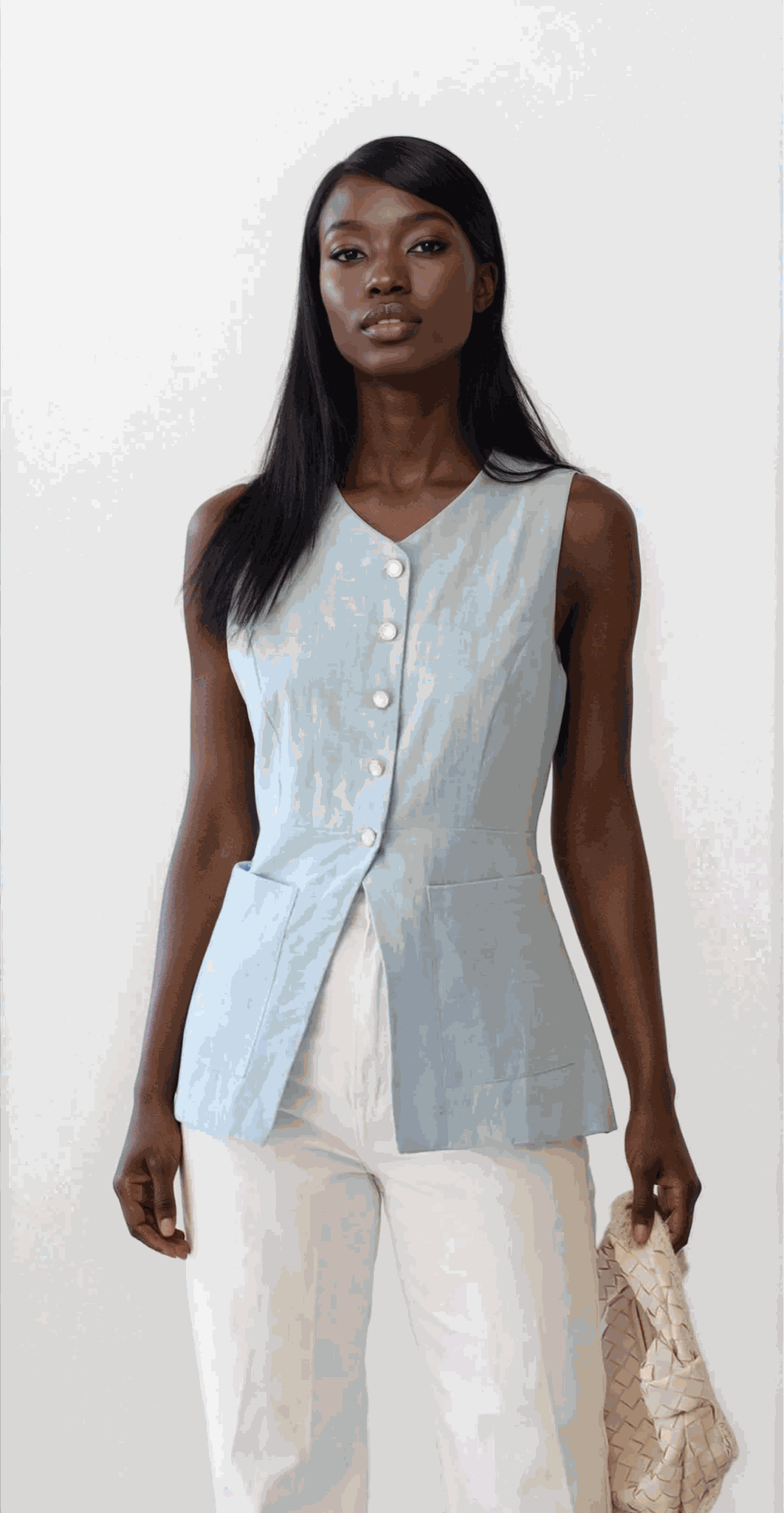 Trace v-neck button-down vest with pockets in breathable cotton-linen fabric
