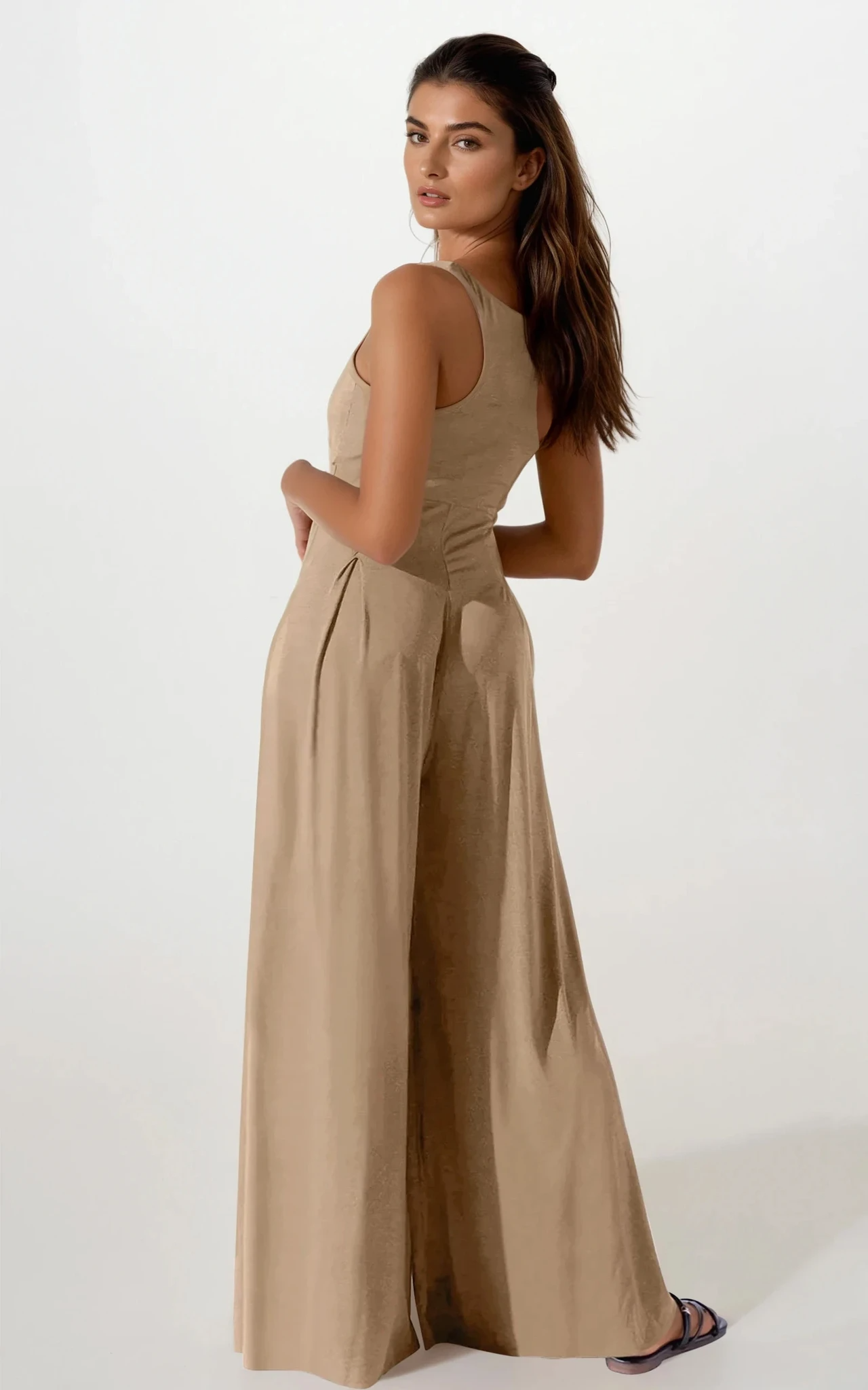 Camel Cosmopolitan square neck wide strap jumpsuit by Trendsi, features a stylish square neckline and wide shoulder straps.