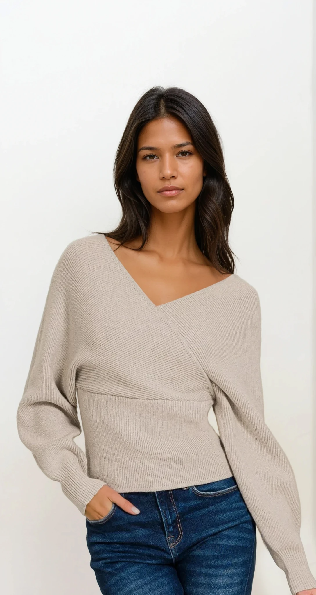 Heather mocha cross wrap rib-knit long sleeve sweater from Trendsi, featuring a stylish wrap design and cozy knit fabric.
