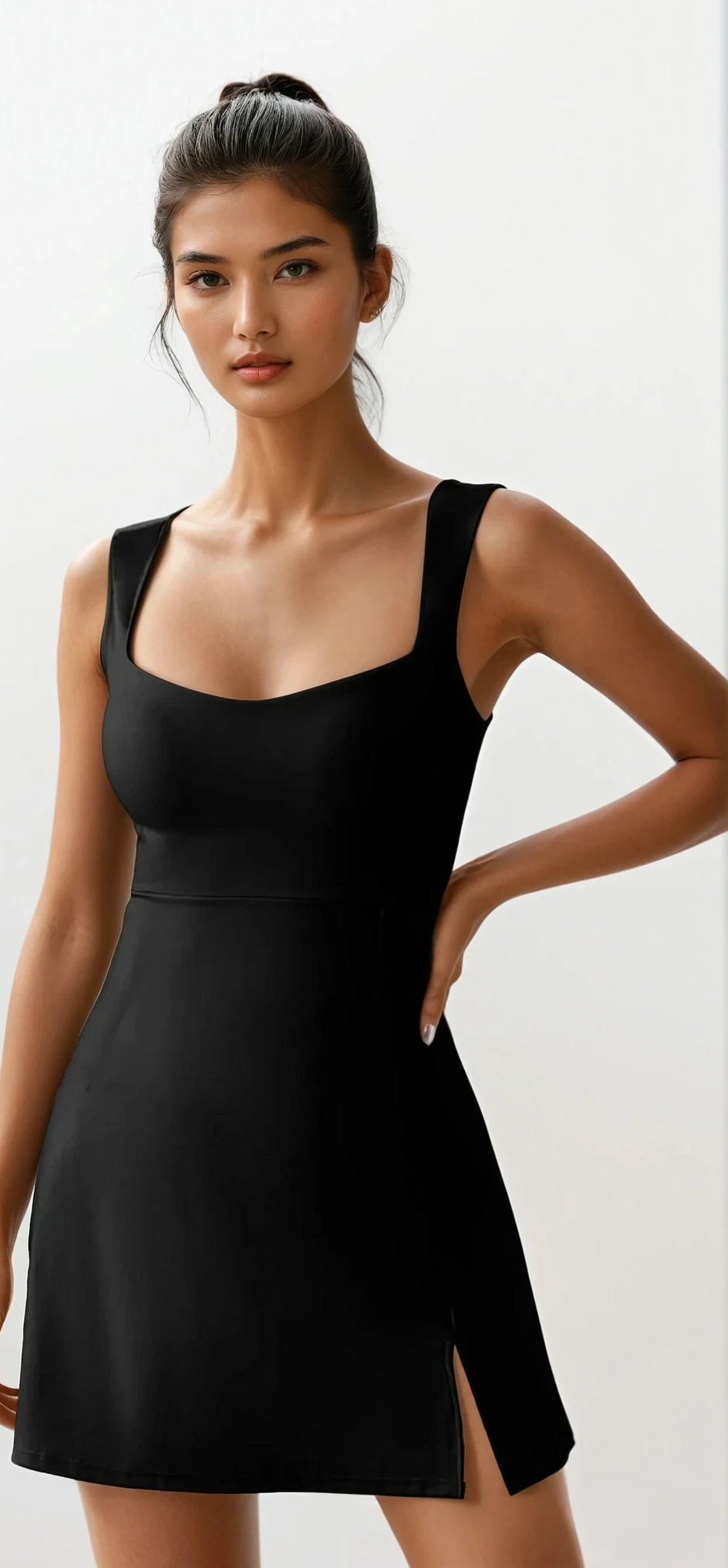 Triumph Square neck slit tennis dress with dramatic leg slit in solid pattern
