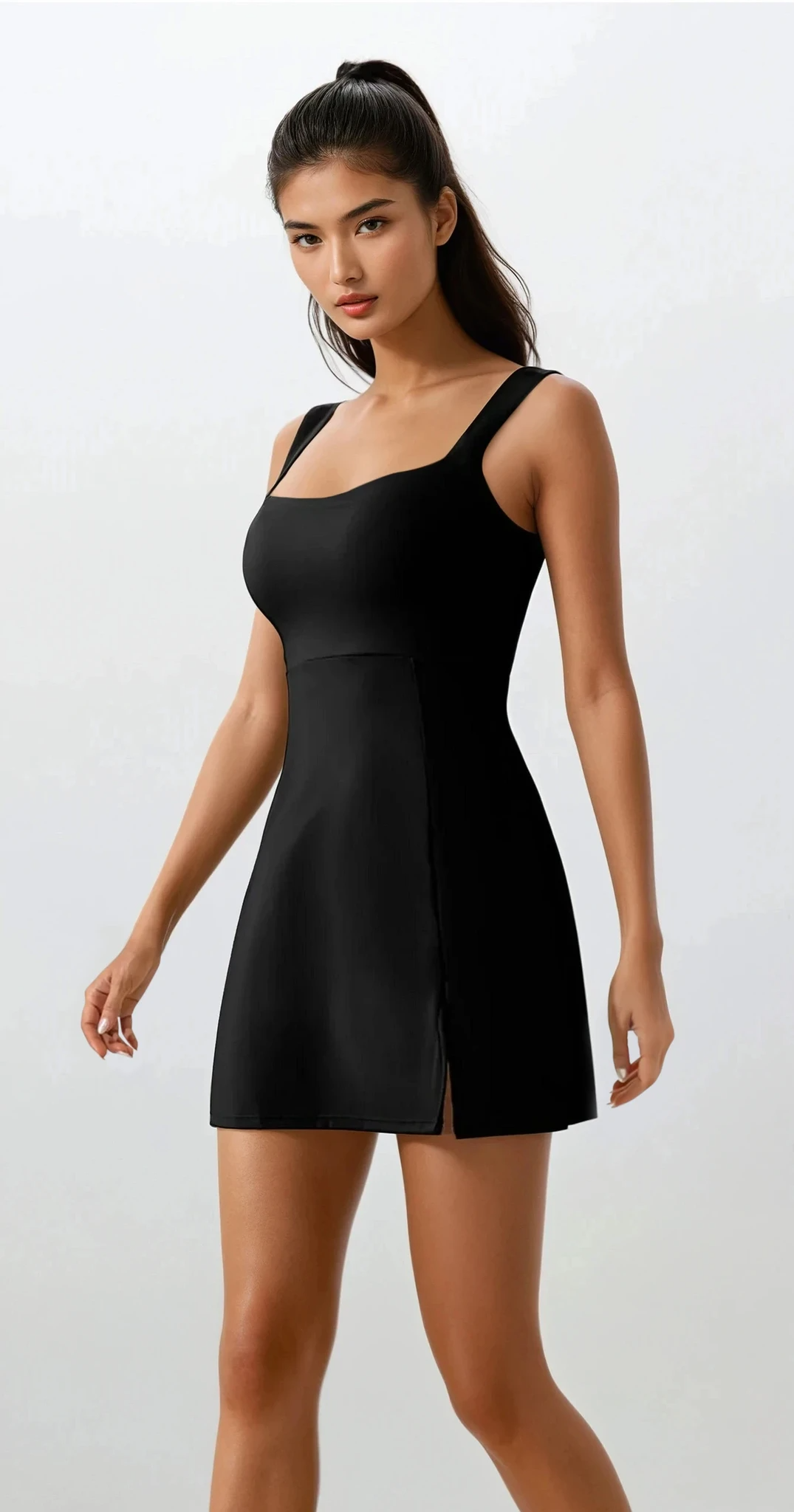 Triumph Square neck slit tennis dress with mini length and solid pattern