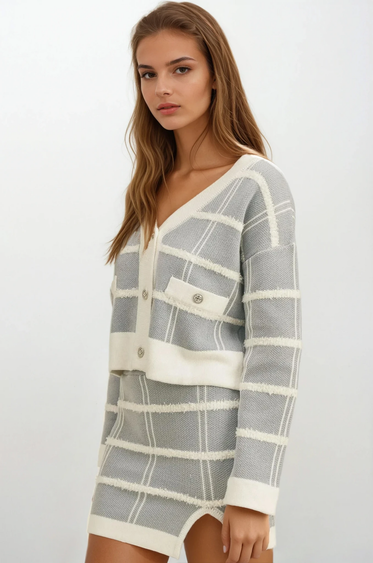 Uptown plaid button-down cardigan and slit mini skirt set