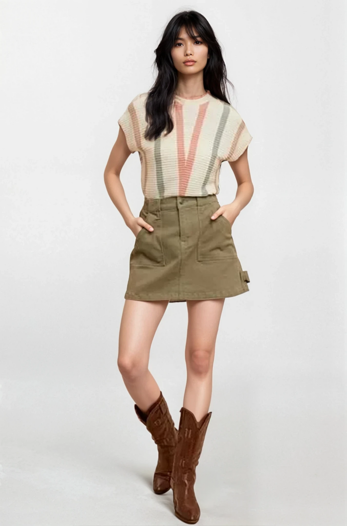 High-waist cargo denim mini skirt with pockets