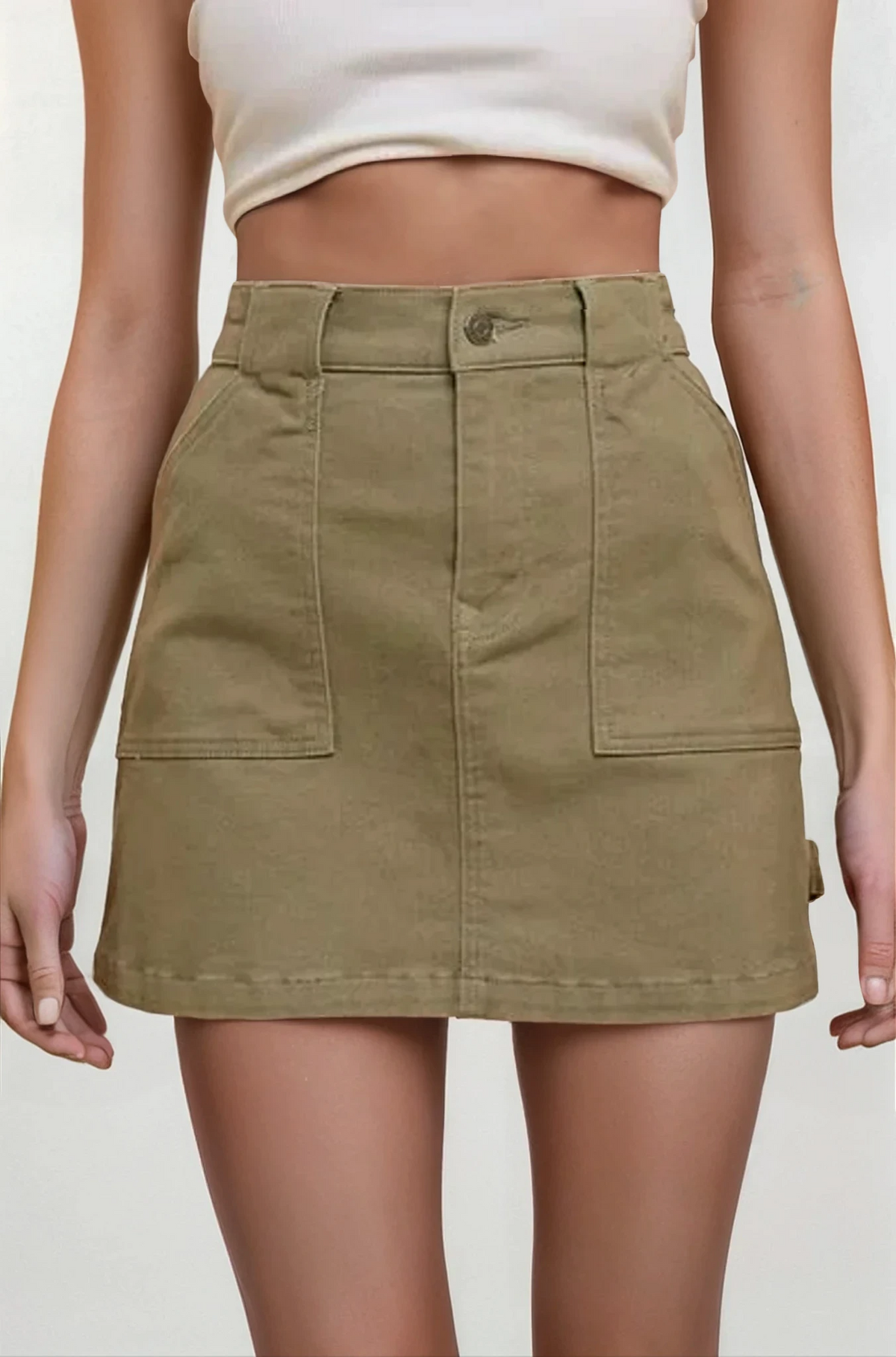 Utilitarian high-waist cargo denim mini skirt with cargo pockets