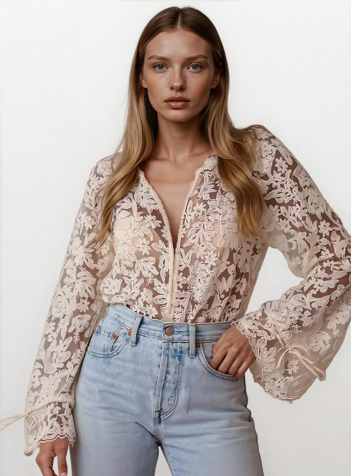 vintage lace button-up long sleeve shirt with sheer panels and drawstring sleeves