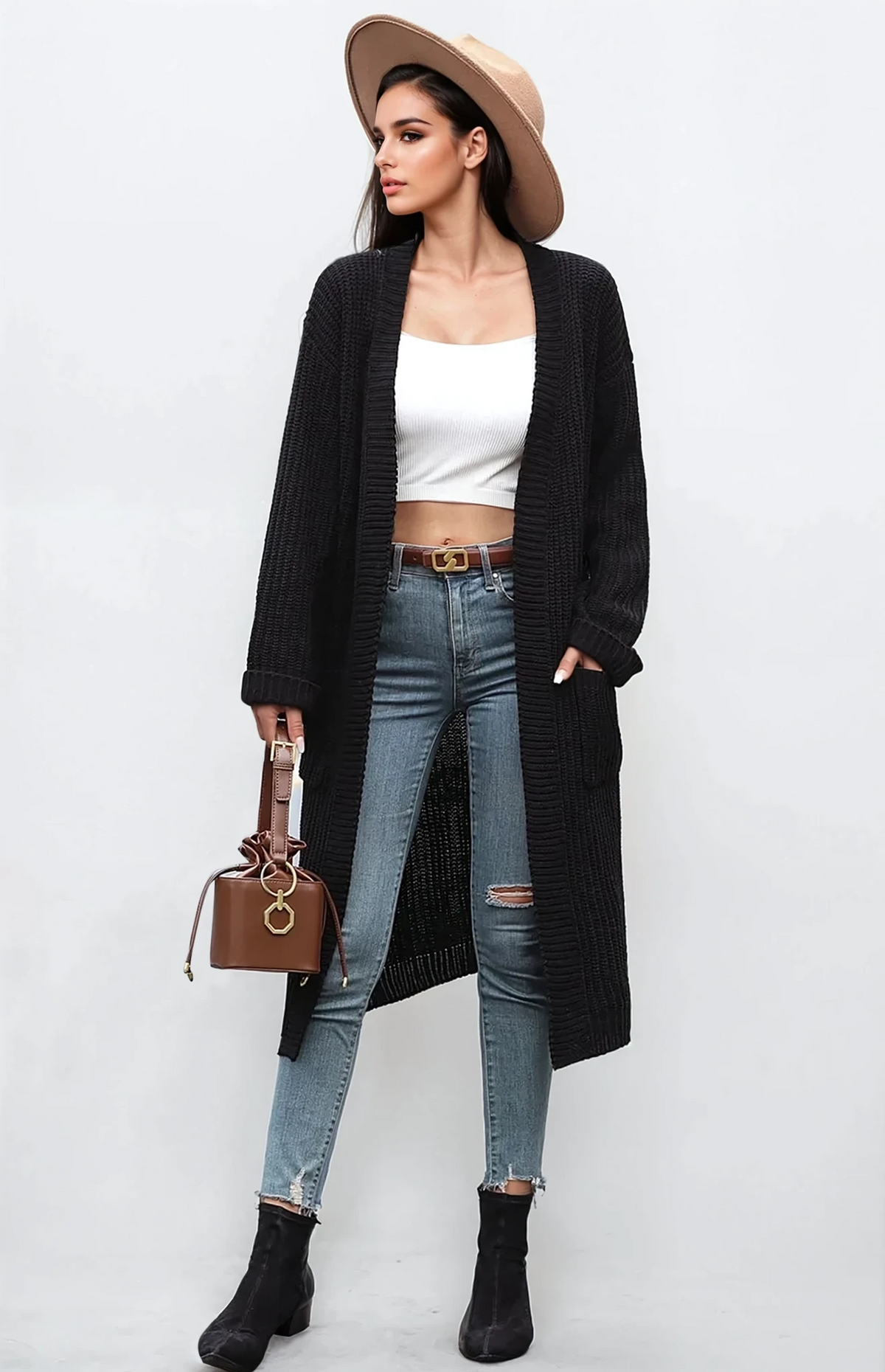 Vogue open front cardigan with pockets and dropped shoulders