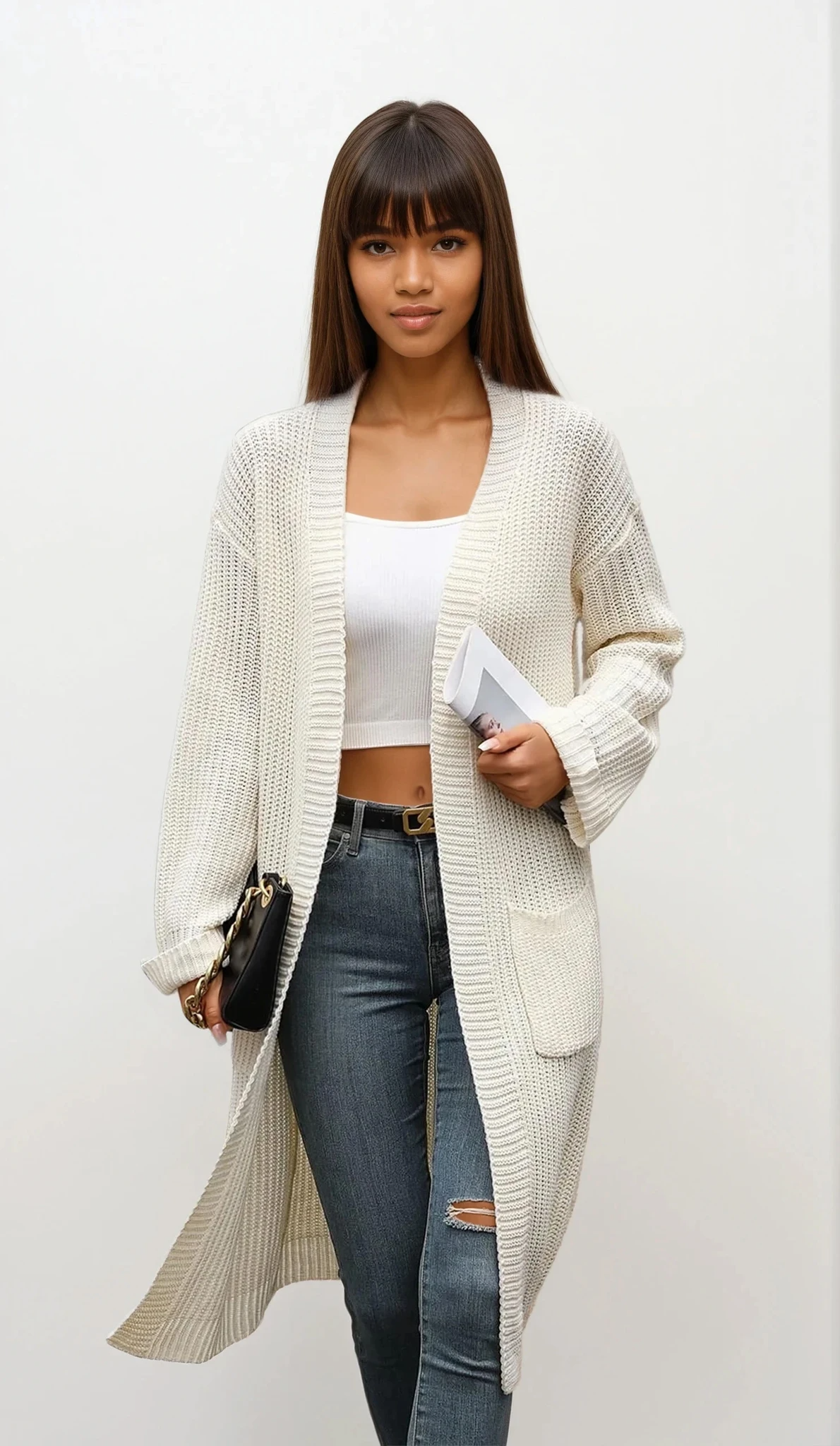 Vogue open front cardigan with pockets and dropped shoulders