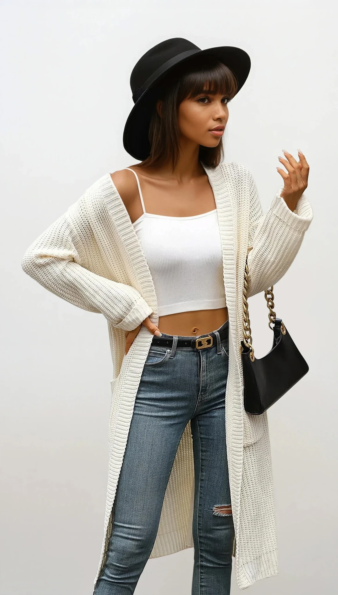 Vogue open front cardigan with pockets and dropped shoulders