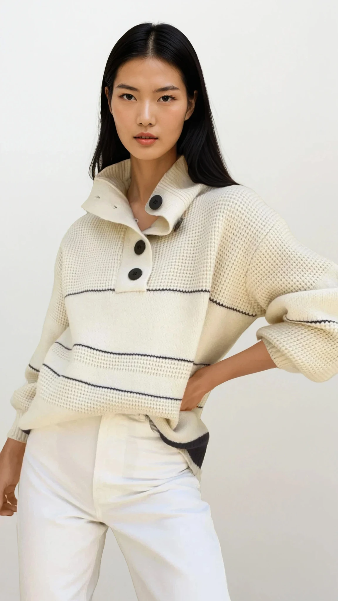 Waffle-knit half button long sleeve striped sweater