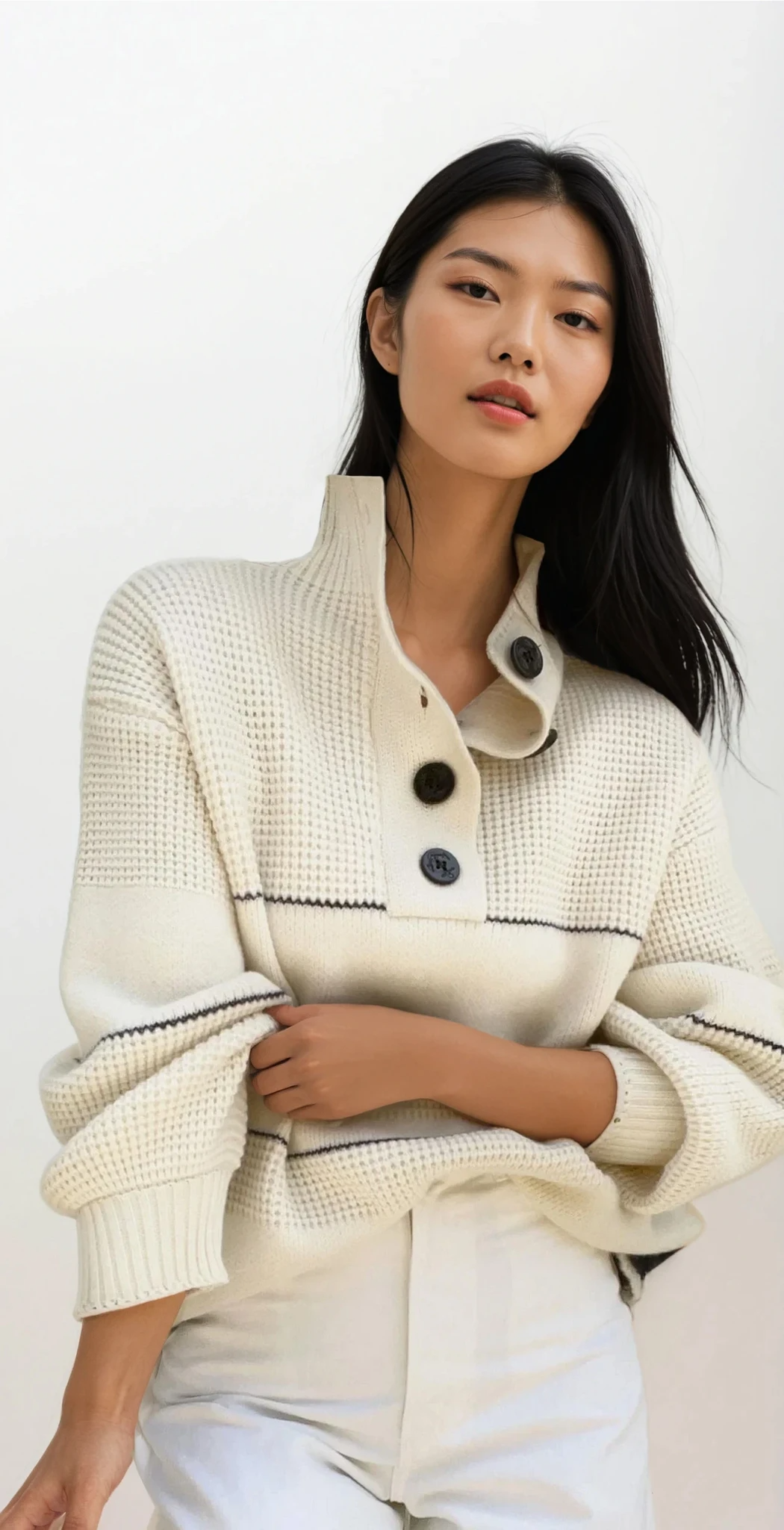 Waffle-knit half button long sleeve striped sweater
