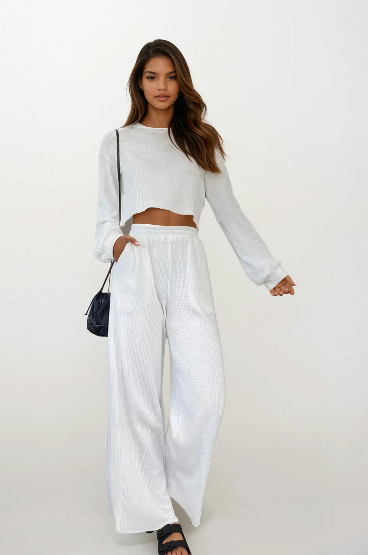 Waffle-knit round neck top and pant set in lightweight, stretchy fabric