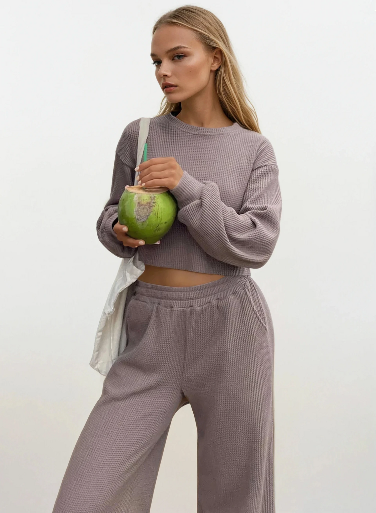 waffle-knit round neck top and pant set comfortable lightweight two-piece outfit