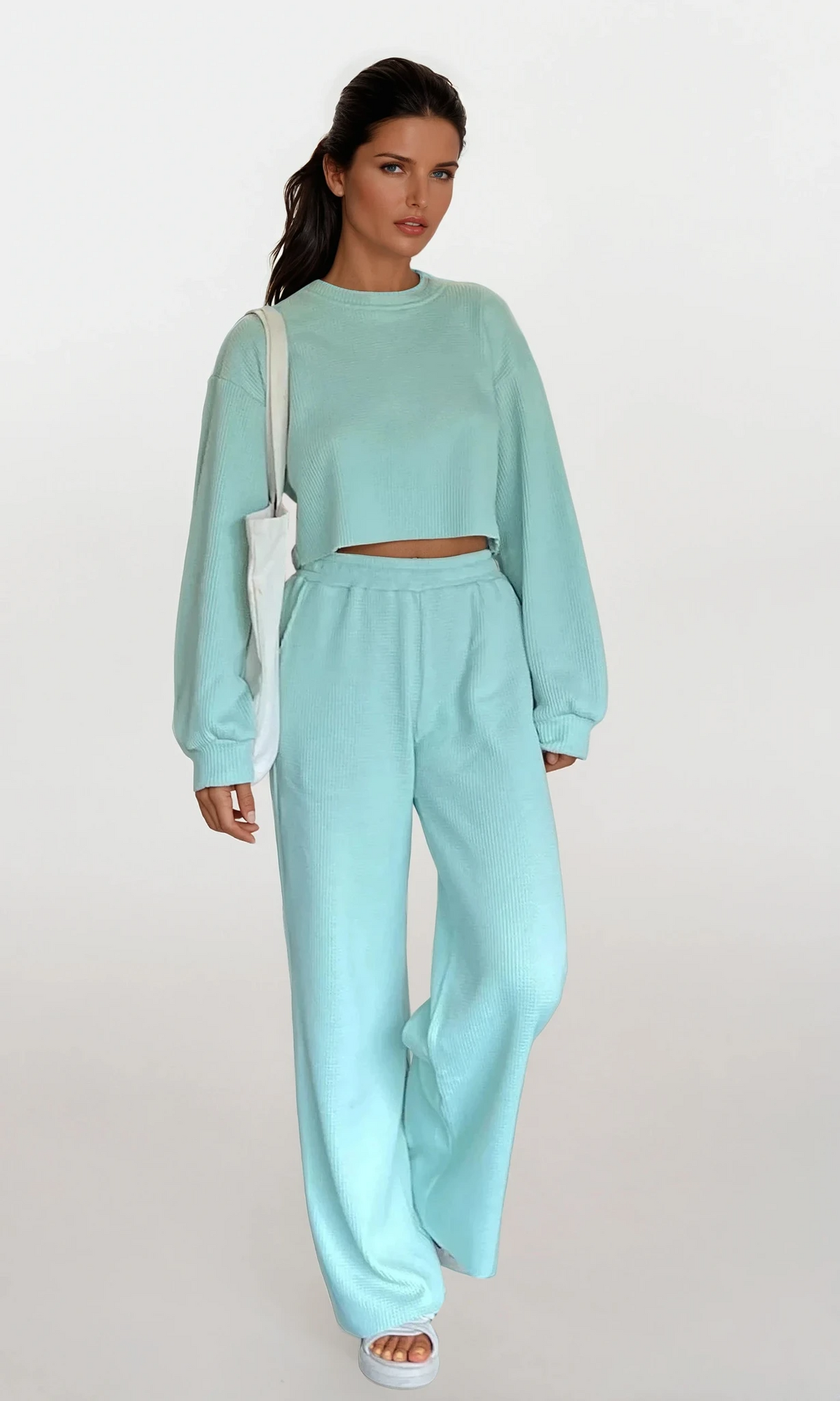 waffle-knit round neck top and pant set cozy two-piece outfit