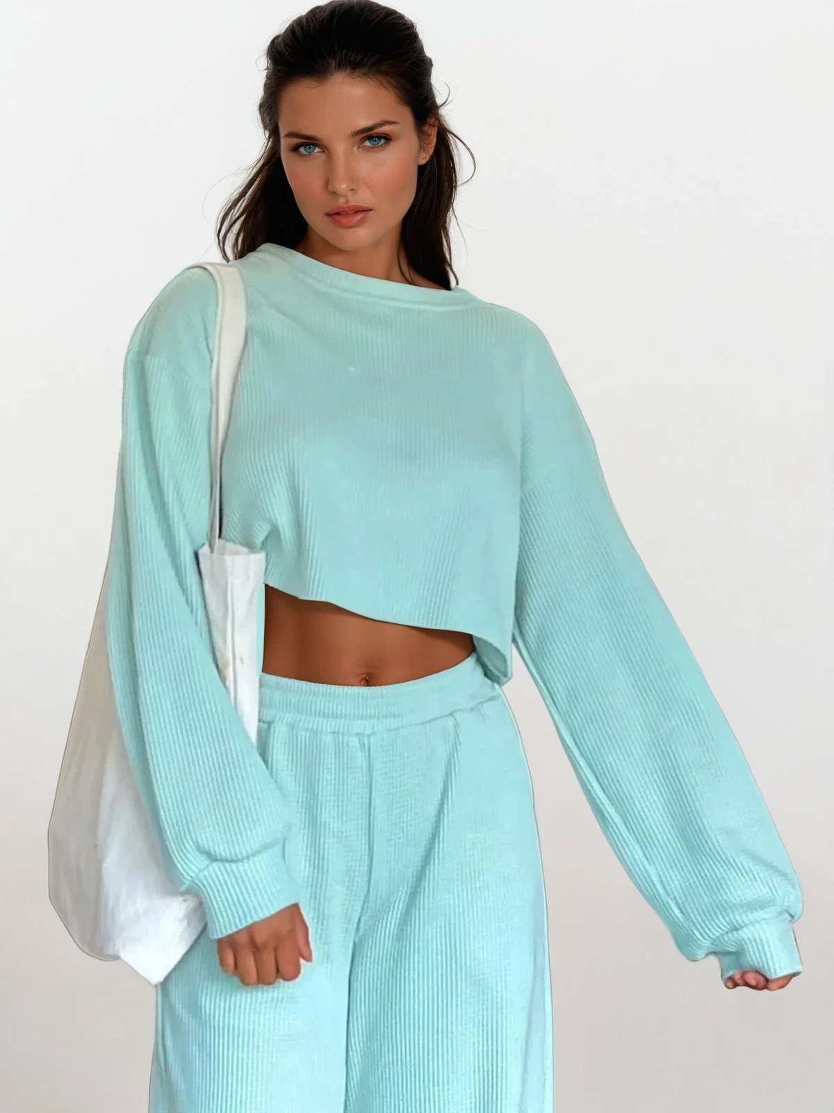 waffle-knit round neck top and pant set in solid color