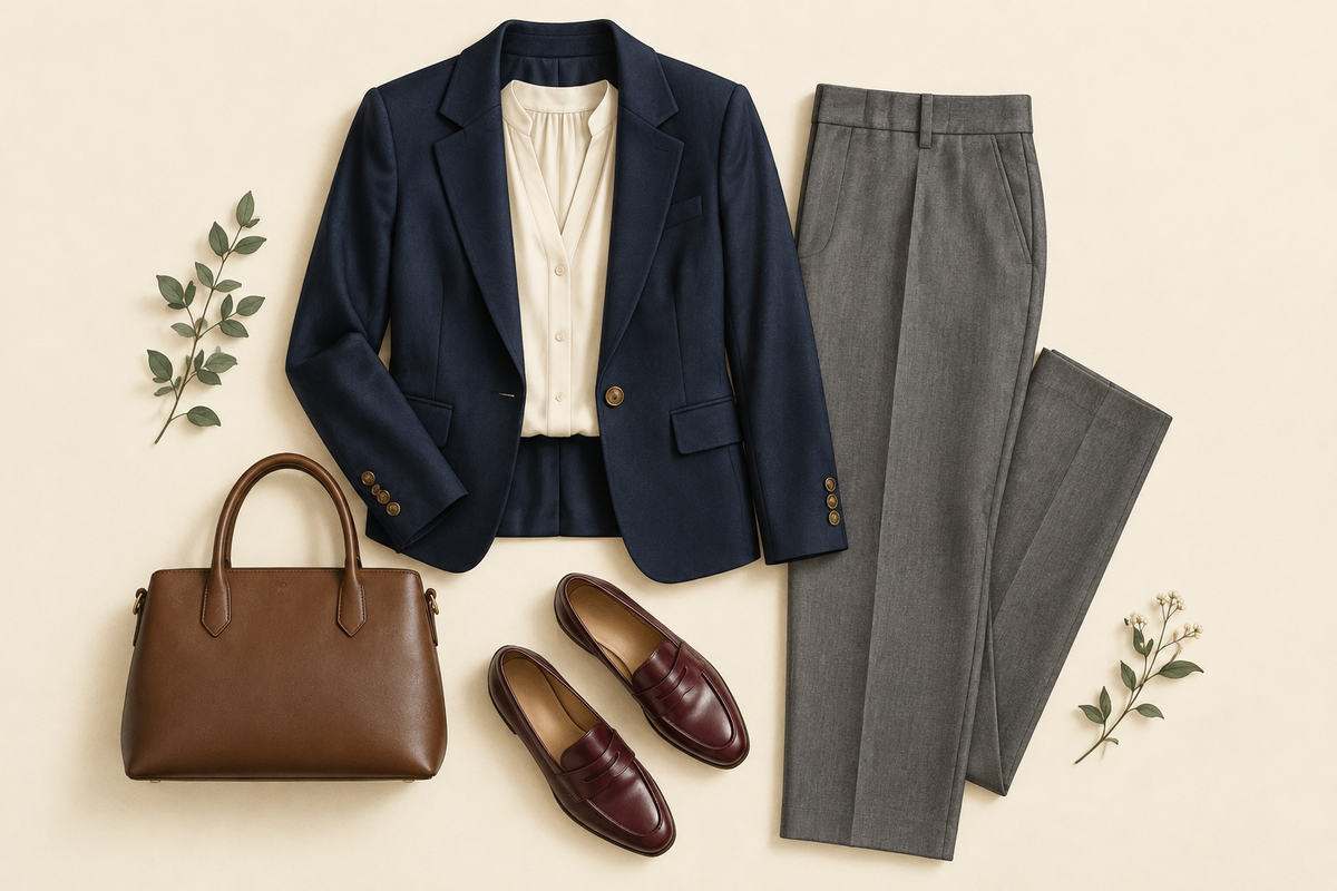 Illustrated flat lay of a navy blazer over a cream blouse, gray trousers, a brown handbag, and burgundy loafers.