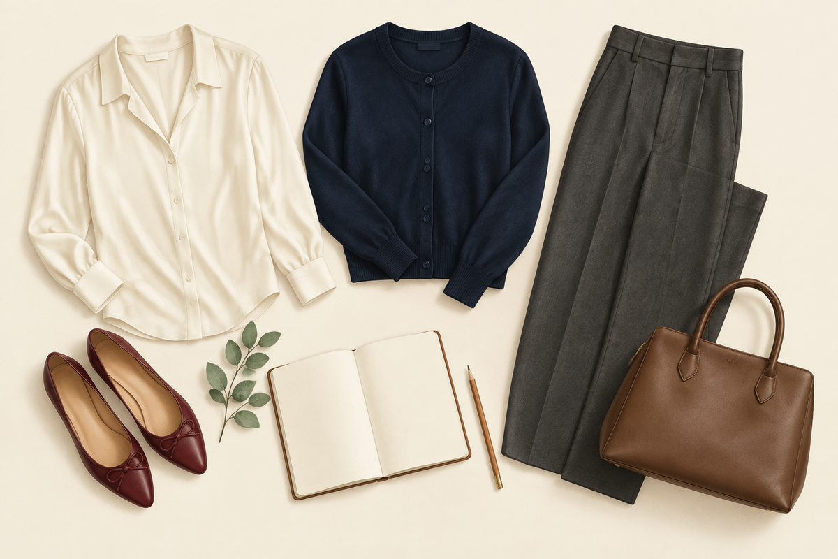 Illustrated flat lay of a cream blouse, navy cardigan, charcoal trousers, burgundy flats, and brown handbag beside a blank notebook and pencil.