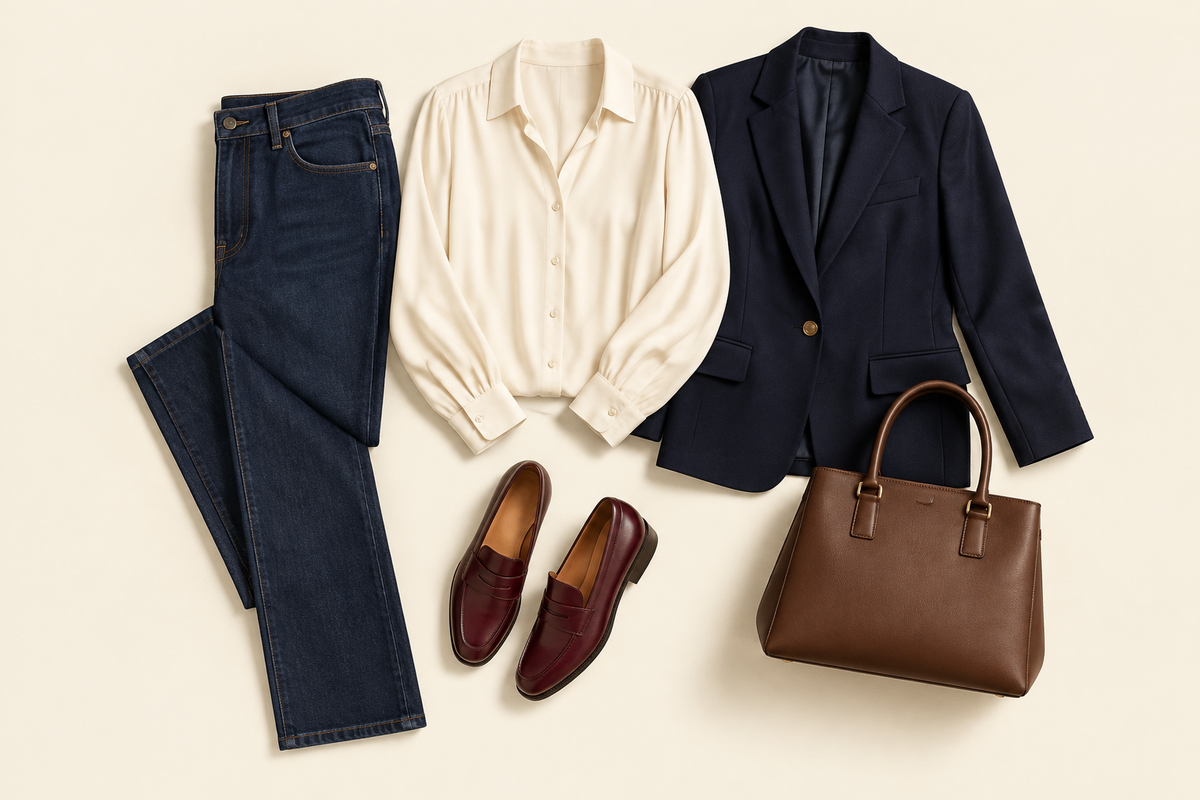 Illustrated flat lay of dark indigo jeans, a cream blouse, navy blazer, burgundy loafers, and brown handbag.