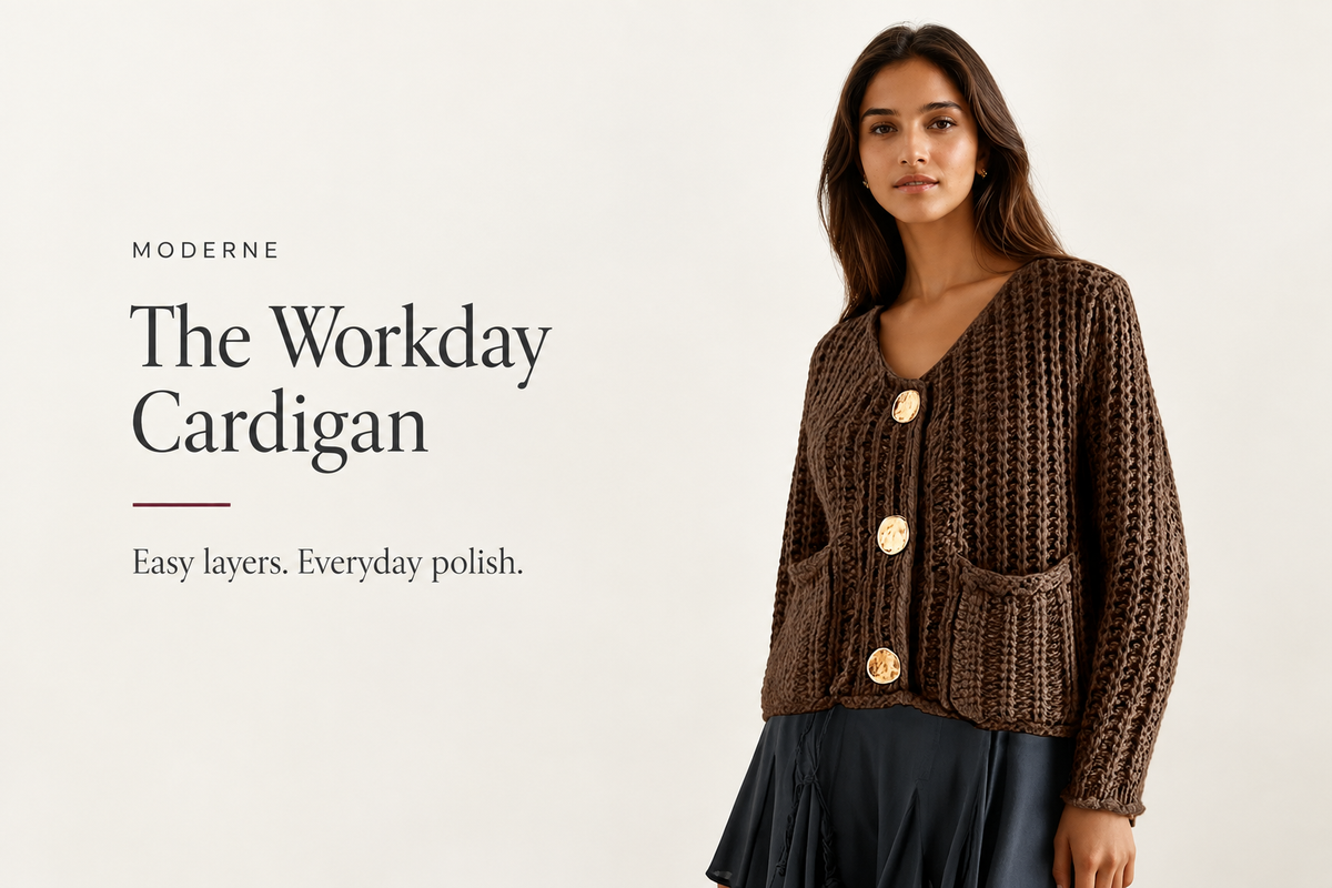 Moderne banner reading “The Workday Cardigan” beside a model wearing a brown textured cardigan with gold-tone buttons and a dark skirt.