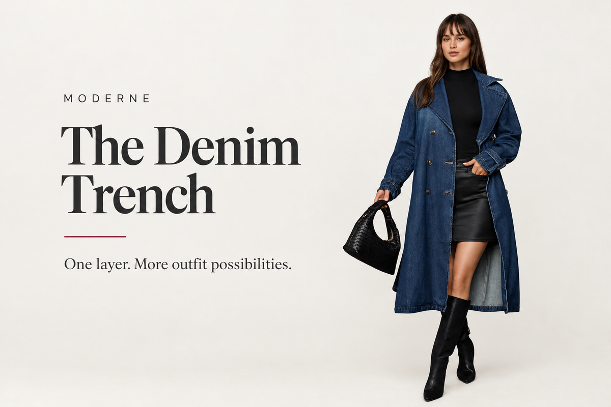 Moderne banner reading “The Denim Trench” beside a model wearing a long blue coat over a black top and skirt with black boots and a black bag.