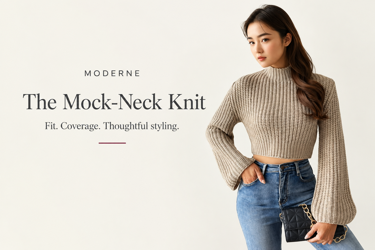 Moderne banner reading “The Mock-Neck Knit” beside a model wearing a taupe cropped ribbed sweater with wide sleeves, blue jeans, and a black bag.