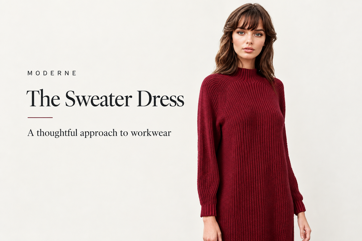 Moderne banner reading “The Sweater Dress” beside a model wearing a burgundy ribbed mock-neck dress with long sleeves.