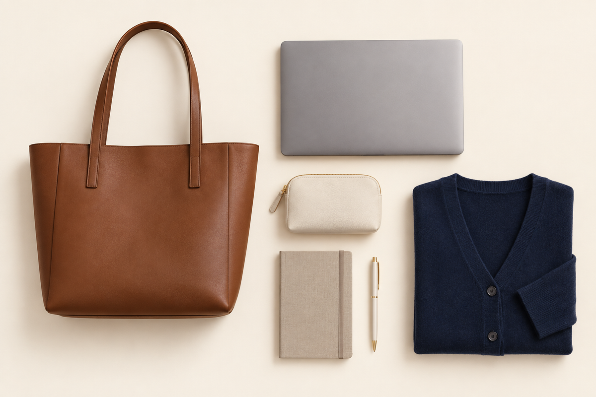 Illustrated flat lay of a brown tote beside a closed gray laptop, cream pouch, notebook, pen, and folded navy cardigan.