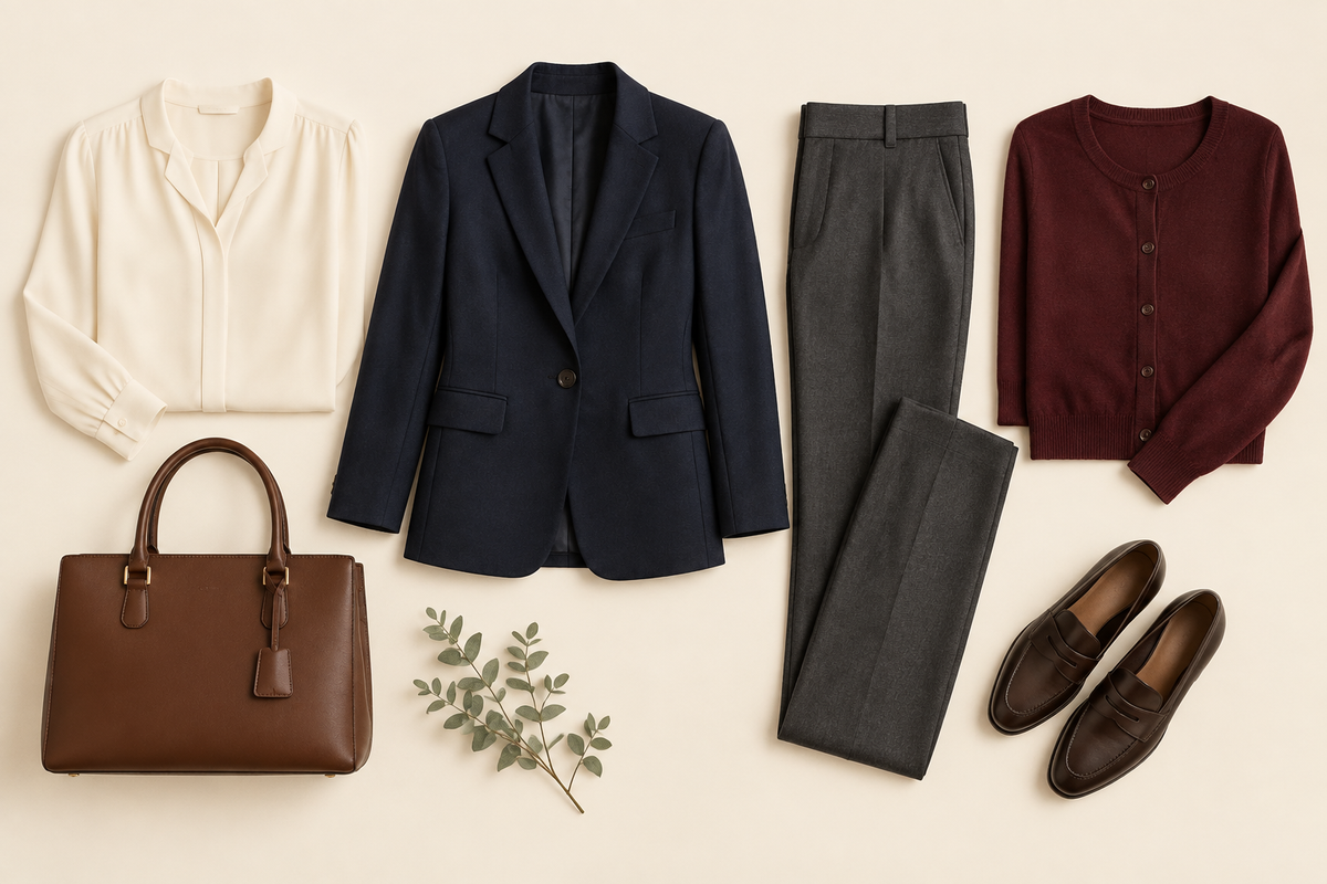 Illustrated flat lay of a cream blouse, navy blazer, gray trousers, burgundy cardigan, brown handbag, and brown loafers.