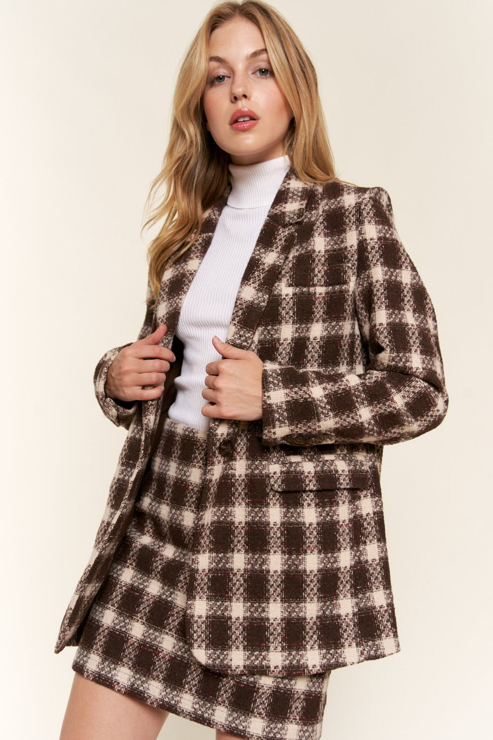 Espresso Brushed Plaid One-Button Blazer