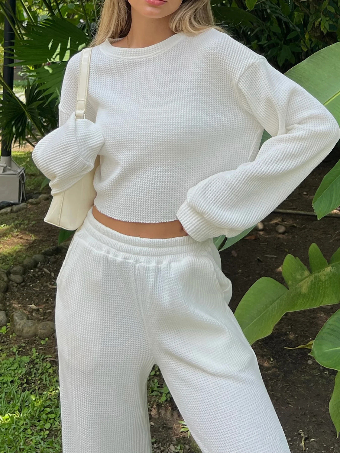 Waffle-Knit Crew Neck Top and Pant Set