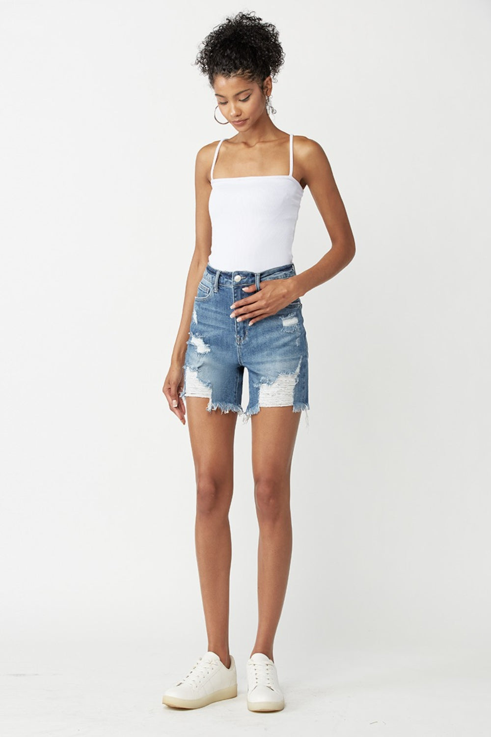 Modern High-Waist Distressed Denim Short