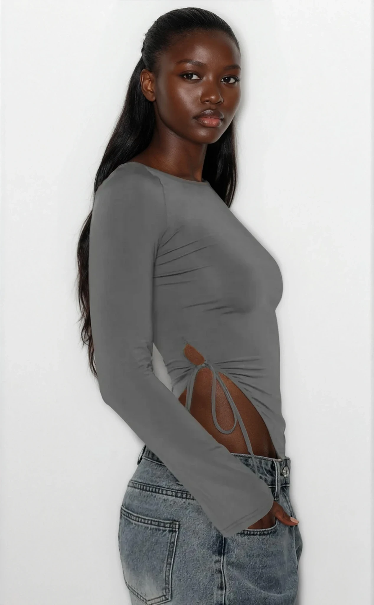 Light-colored tied slit round neck long sleeve shirt from Trendsi, showing the relaxed fit and soft fabric detail.