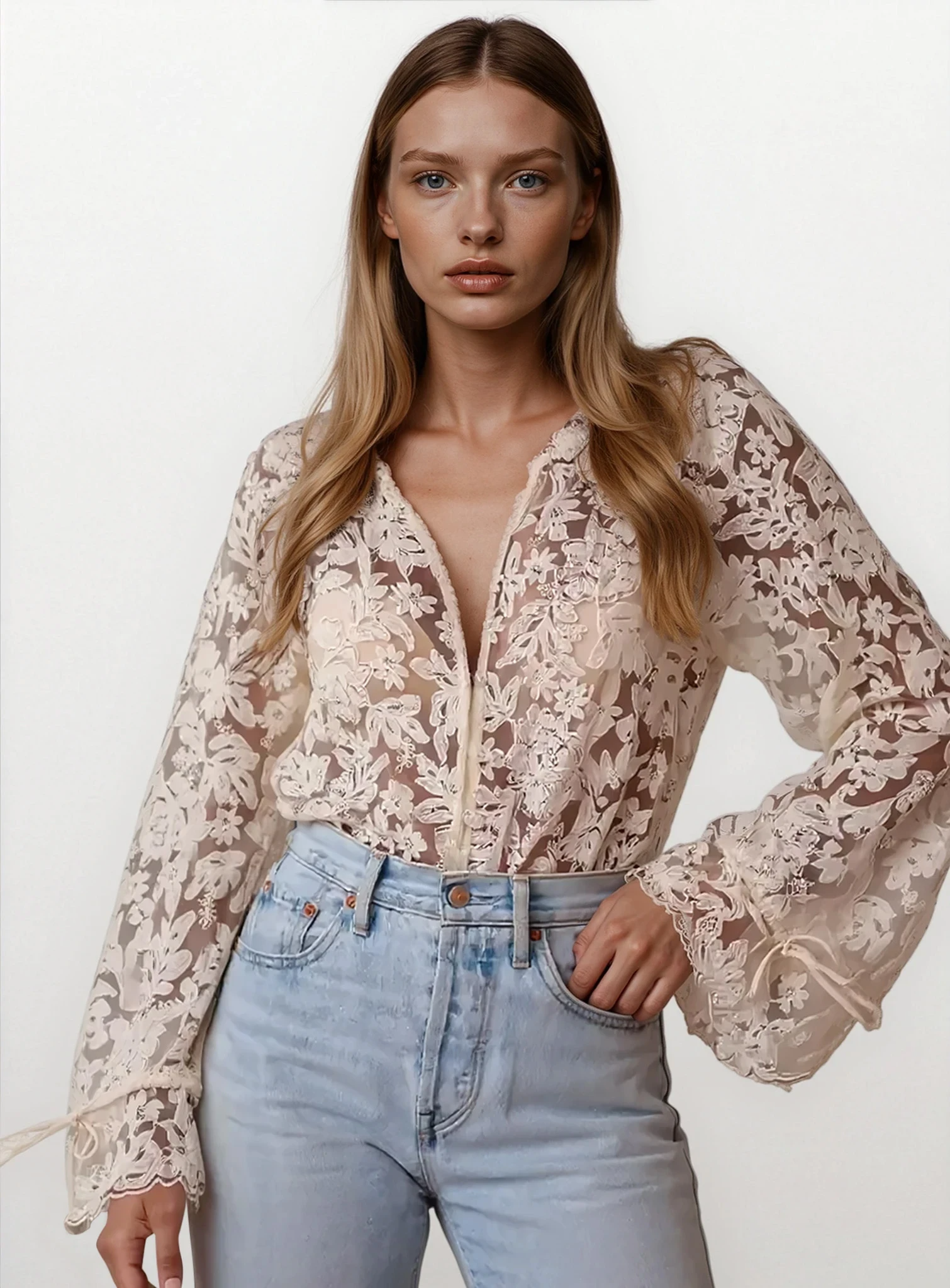 Light-colored vintage lace button-up long sleeve shirt from Trendsi featuring delicate lace details and classic collar design.