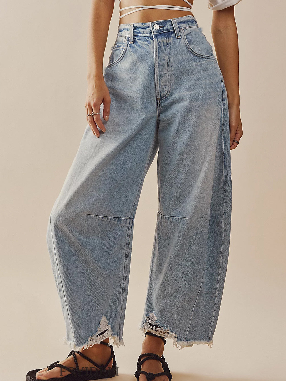 Stitched Raw Hem Wide Leg Jean