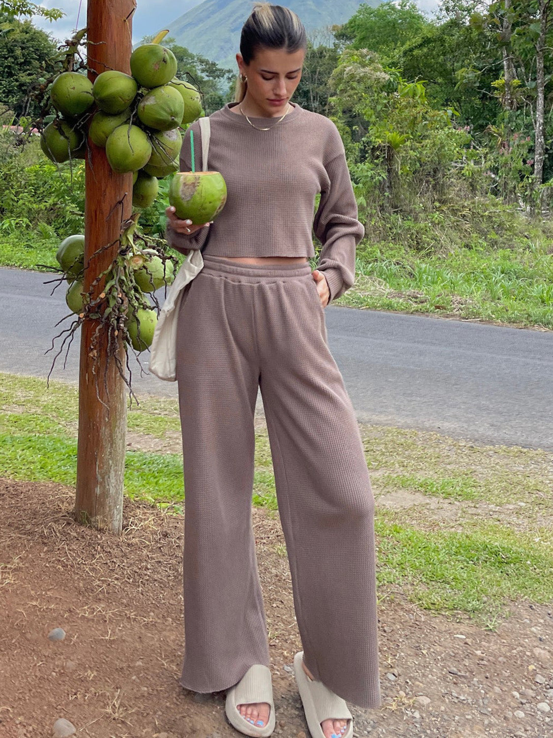 Waffle-Knit Crew Neck Top and Pant Set